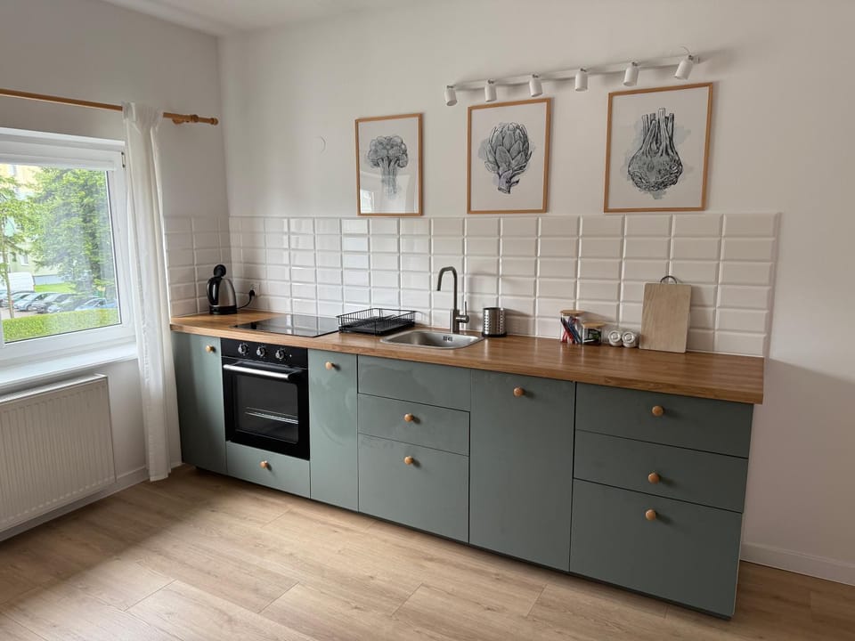 Kitchen or kitchenette, stove