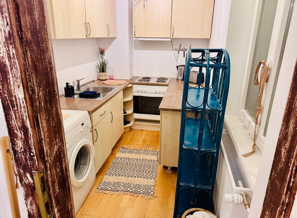 Kitchen or kitchenette, oven, stove, washing machine