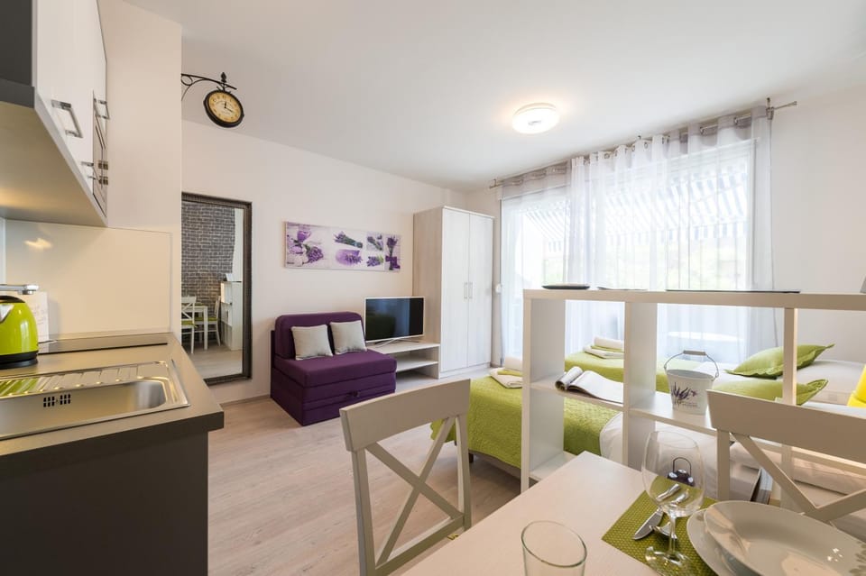 Kitchen or kitchenette, Living room, Seating area, Dining area, Bedroom