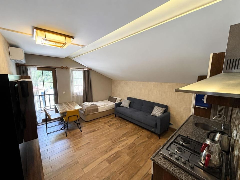 Kitchen or kitchenette, Living room, Seating area, Dining area