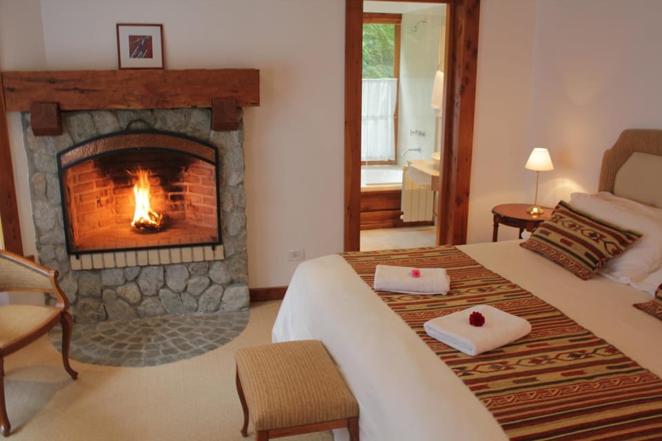 Bed, fireplace