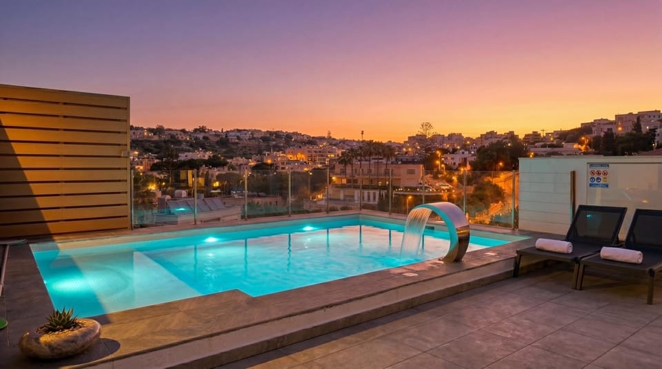 Property building, Day, Natural landscape, Pool view, Swimming pool, Sunrise, Sunset, sunbed