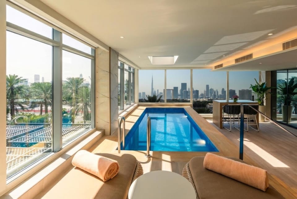 Day, Living room, Seating area, Pool view, Swimming pool