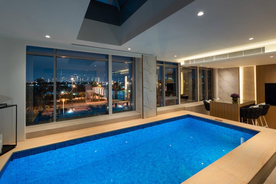 Night, Pool view, Swimming pool, Swimming pool