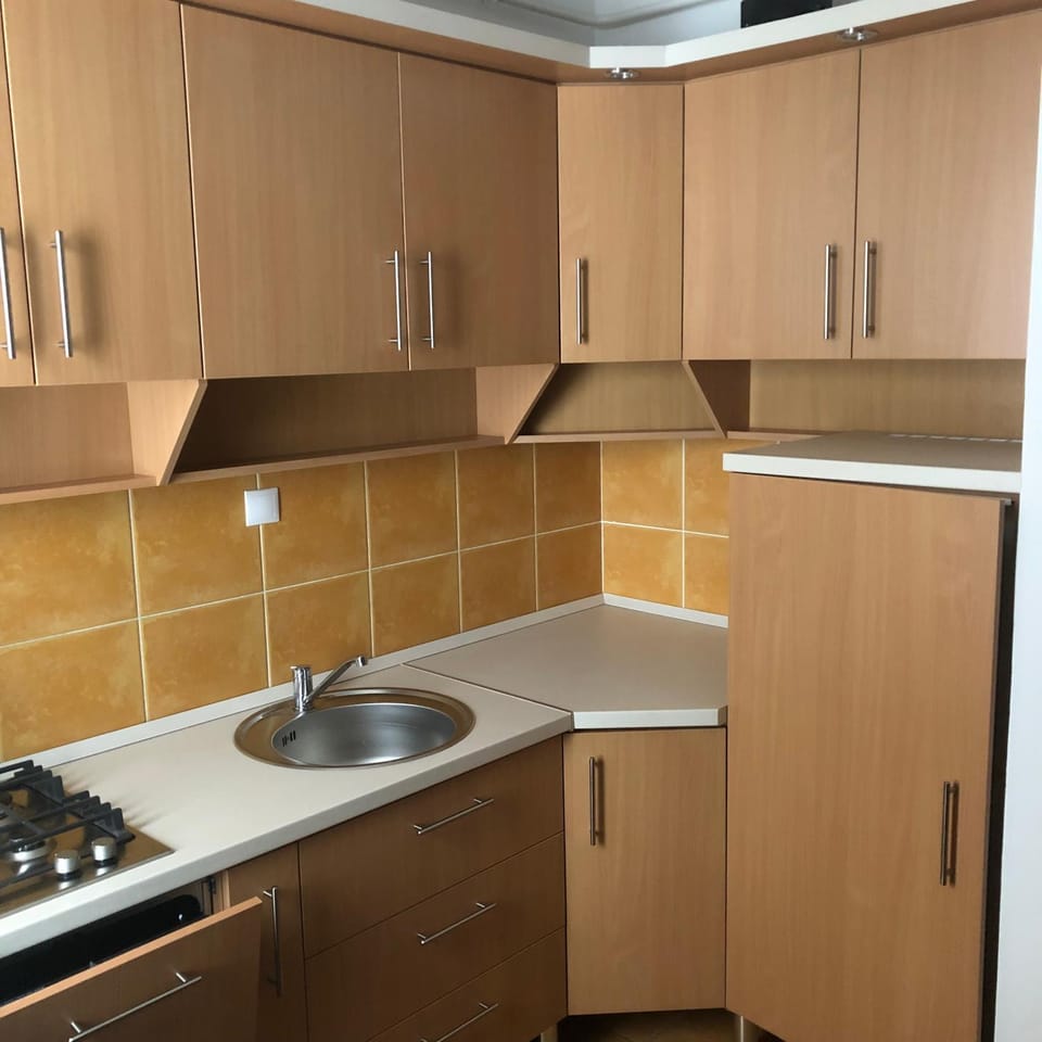 Kitchen or kitchenette, dishwasher, stove