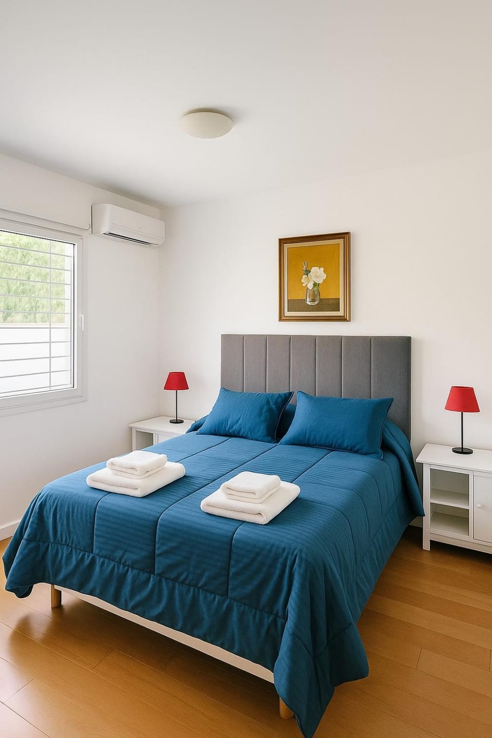 Bed, Bedroom, towels, air conditioner