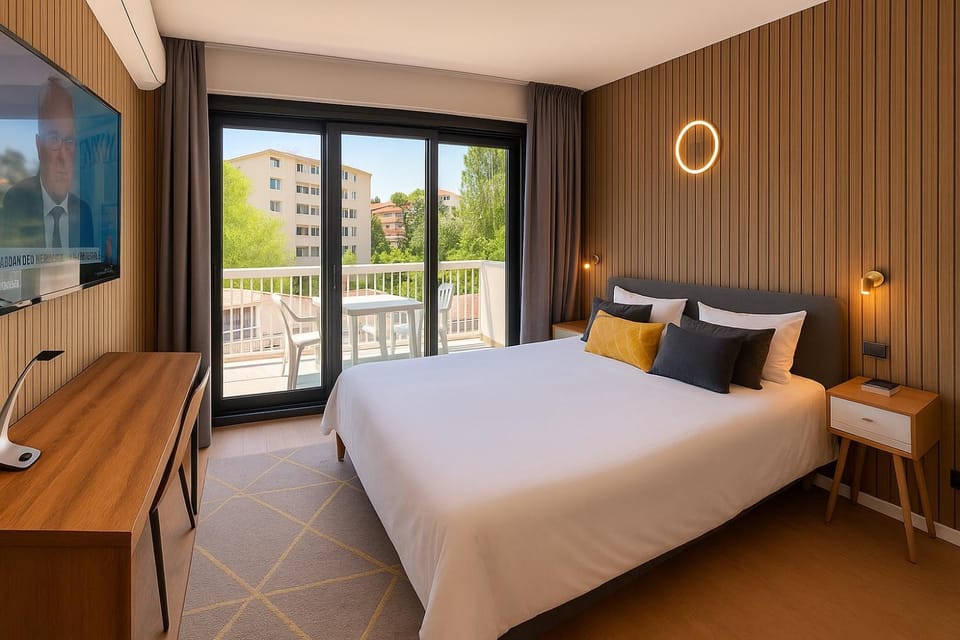 Bed, TV and multimedia, View (from property/room), Balcony/Terrace, Photo of the whole room, Bedroom