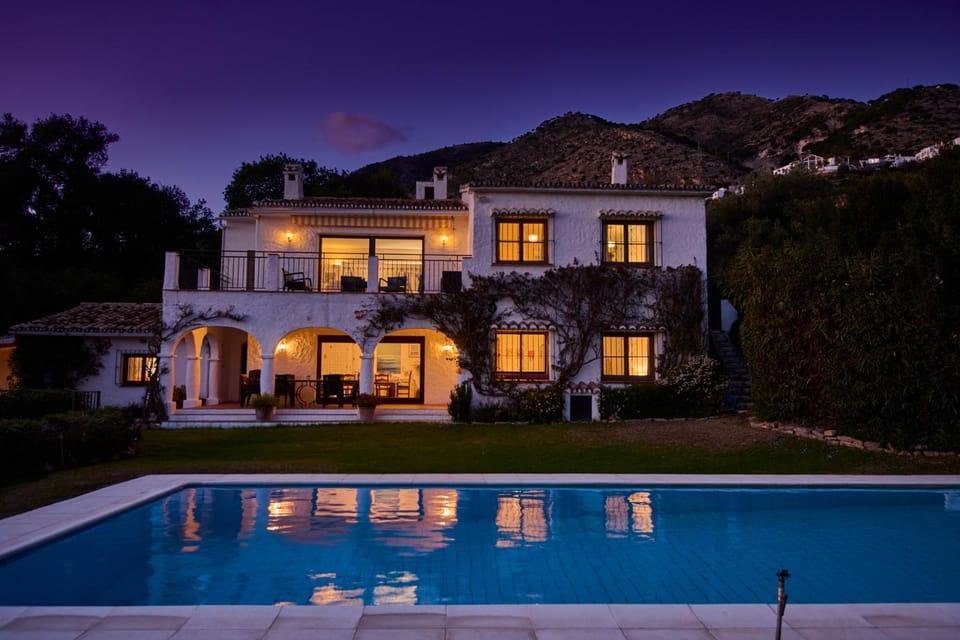 Property building, Night, Natural landscape, Mountain view, Pool view, Swimming pool