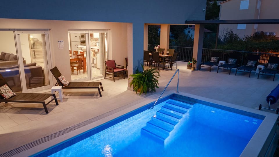 Patio, Night, Balcony/Terrace, Pool view, Swimming pool, sunbed