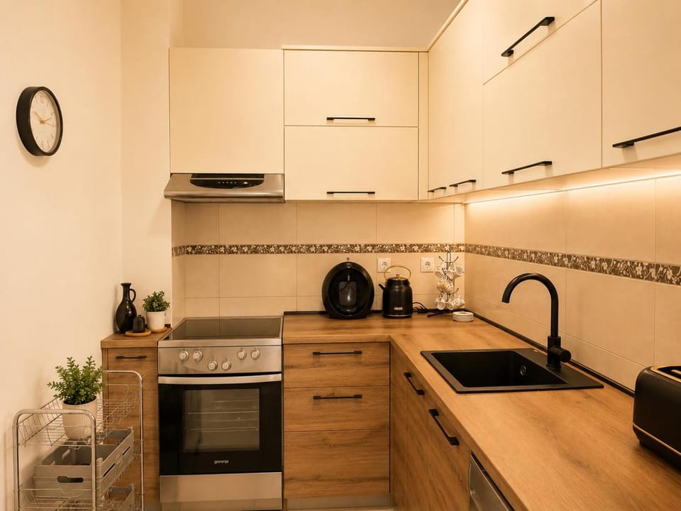 Kitchen or kitchenette, dishwasher, stove, toaster