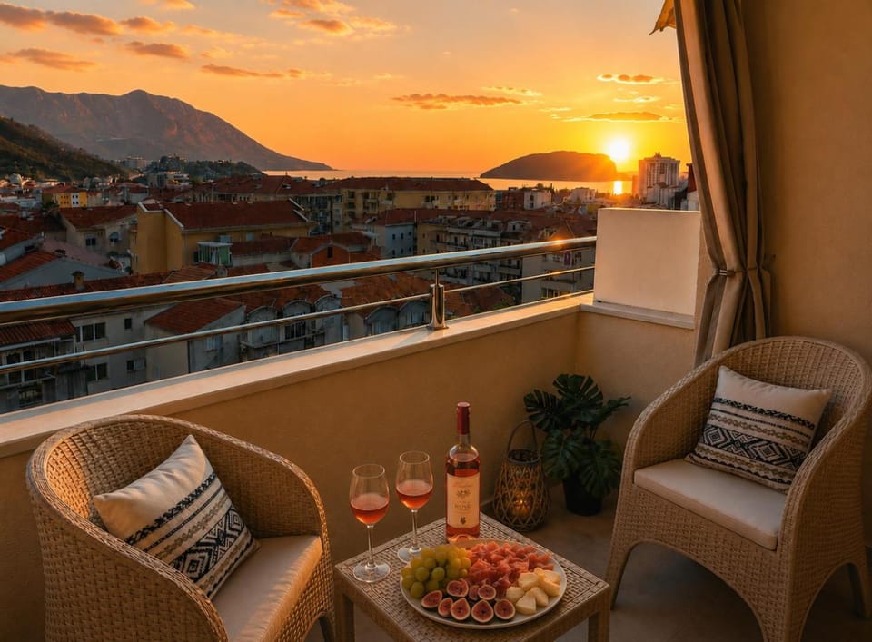 View (from property/room), Balcony/Terrace, Food and drinks, Seating area, Sunset