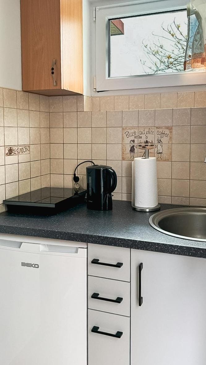 Kitchen or kitchenette, stove