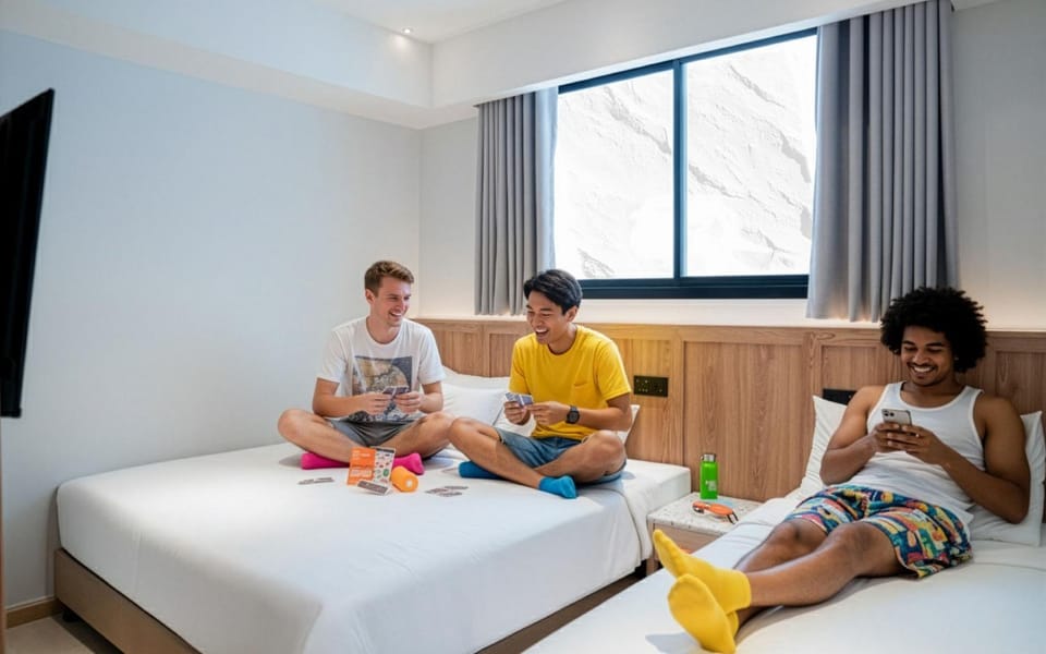Photo of the whole room, Bedroom, group of guests, towels