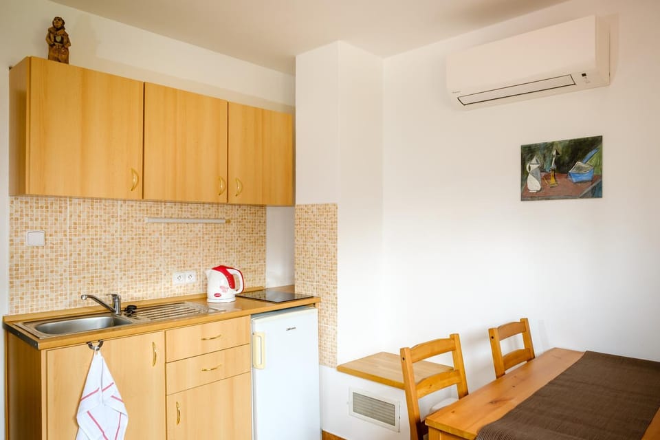 Kitchen or kitchenette, Living room, Seating area, Dining area, stove, air conditioner