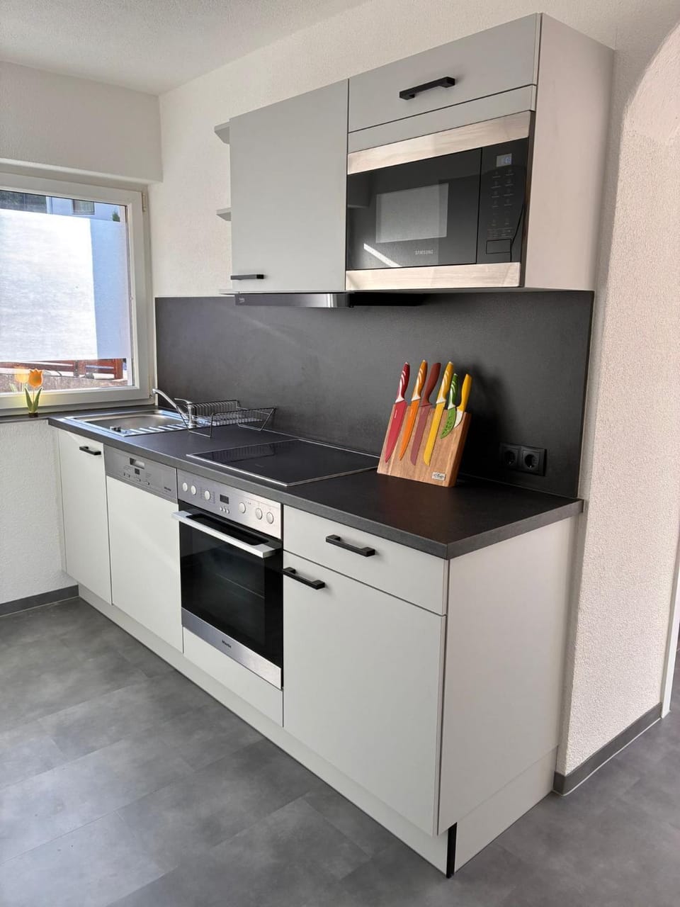 Kitchen or kitchenette, dishwasher, stove