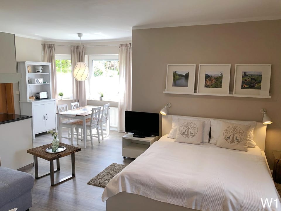 Kitchen or kitchenette, Living room, Seating area, Dining area, Bedroom