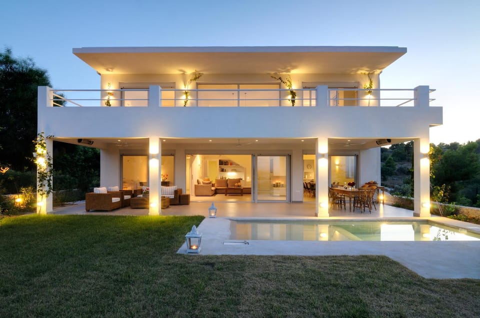 Property building, Patio, Facade/entrance, Night, Summer, Seating area, Dining area, Swimming pool, hair dresser