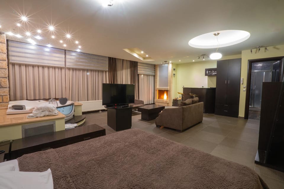 Bed, Hot Tub, TV and multimedia, Living room, Photo of the whole room, Seating area, fireplace, towels