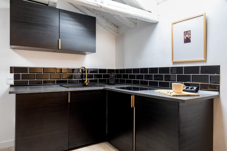 Kitchen or kitchenette, stove