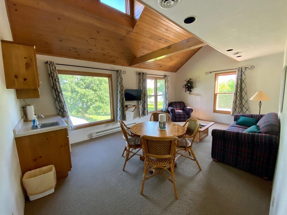 Kitchen or kitchenette, Living room, Seating area, Dining area