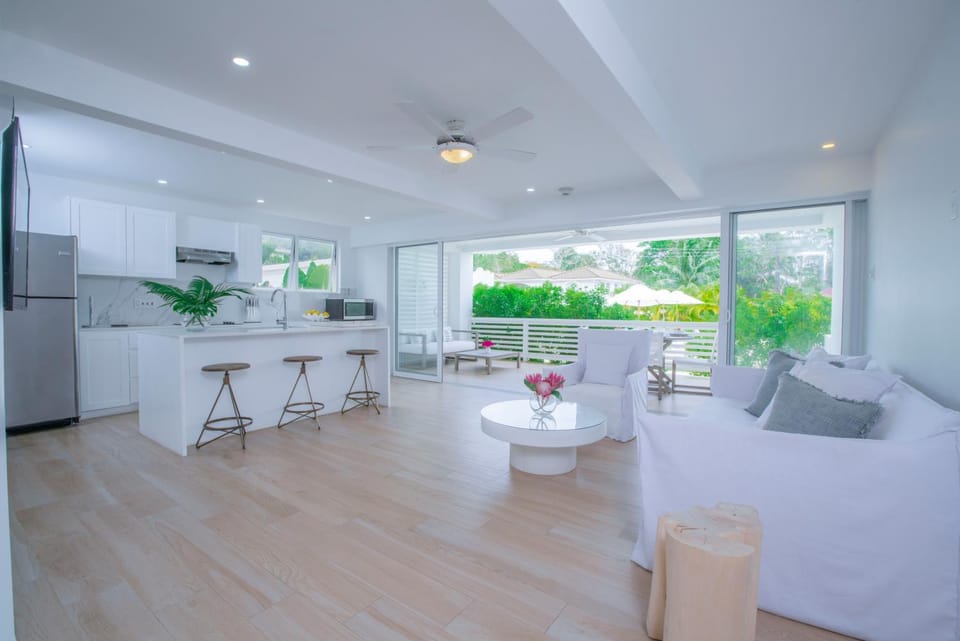Kitchen or kitchenette, Living room, Seating area, Dining area