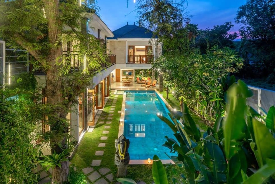 Property building, Night, Garden, Garden view, Pool view, Swimming pool