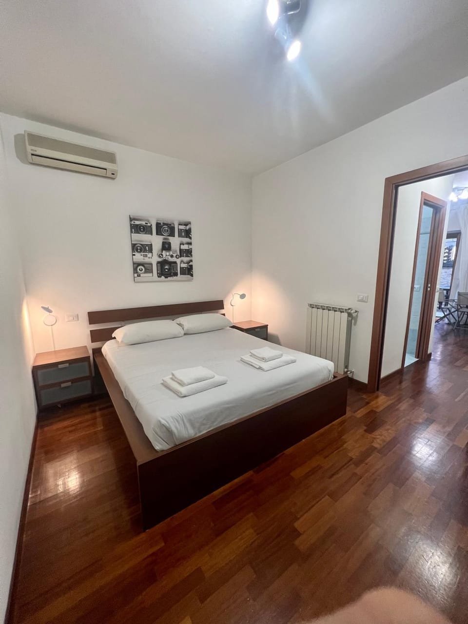 Bed, Photo of the whole room, Bedroom, towels, air conditioner