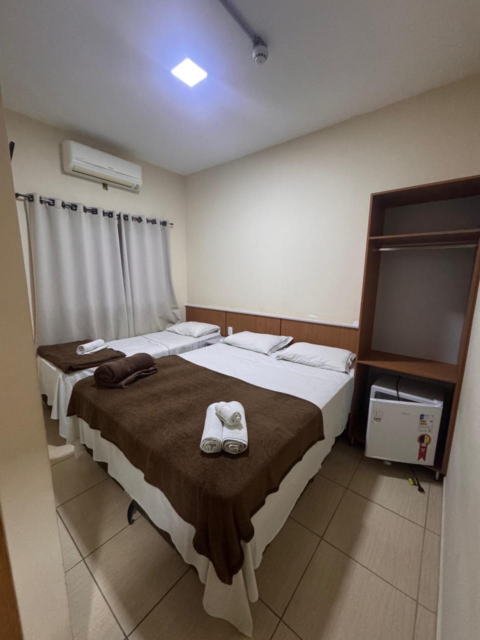 Bed, Photo of the whole room, Bedroom, towels, air conditioner