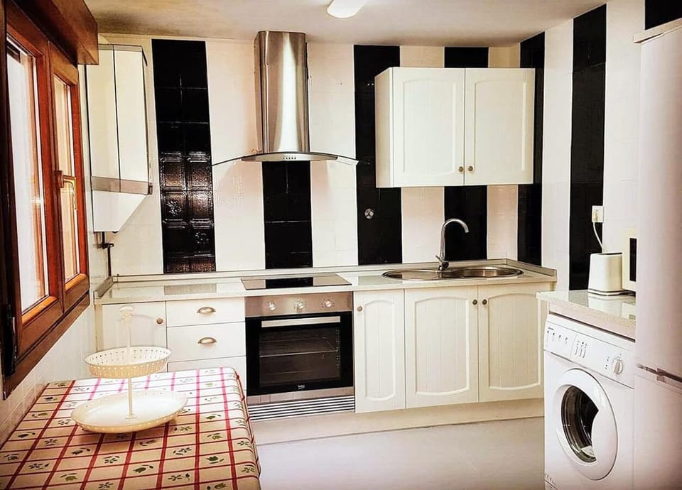 Kitchen or kitchenette, oven, stove, washing machine