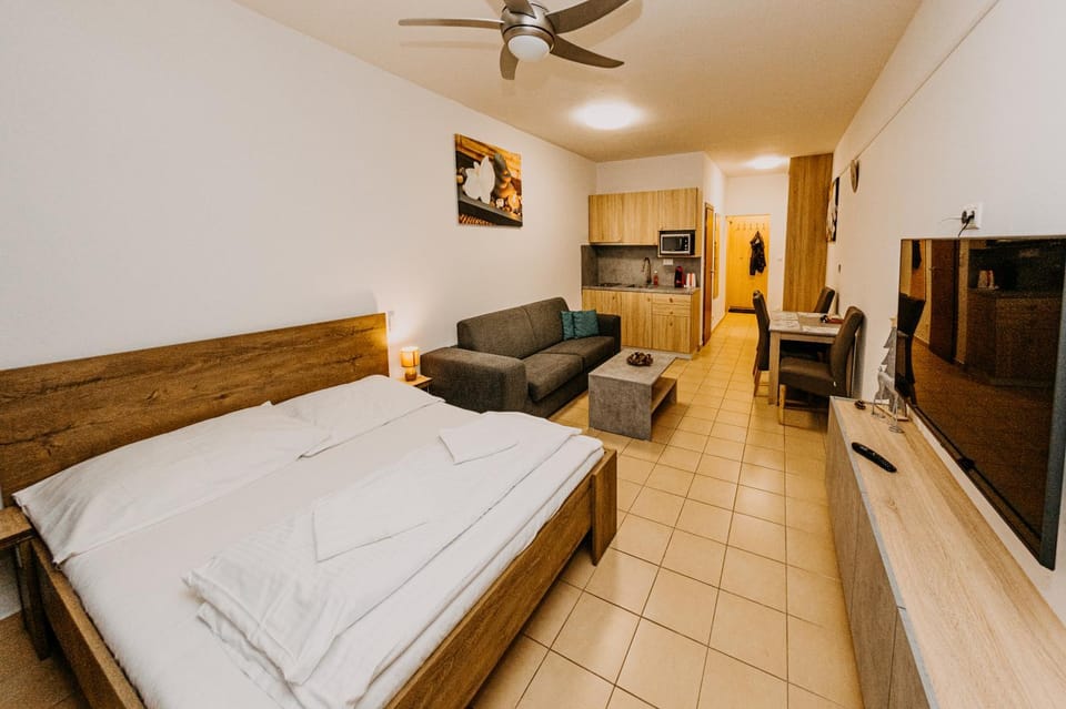 Bed, TV and multimedia, Kitchen or kitchenette, Living room, Seating area, Dining area