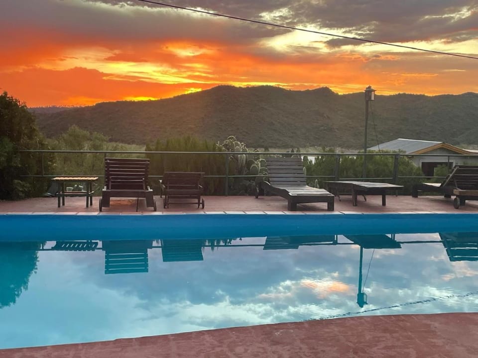 Natural landscape, Mountain view, Swimming pool, Sunset, sunbed
