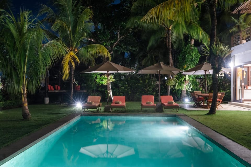Night, Pool view, Swimming pool, sunbed
