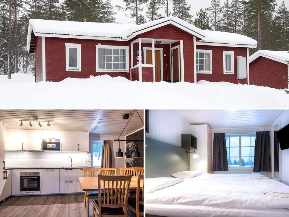 Property building, Facade/entrance, Bed, Winter, Skiing, Skiing, Kitchen or kitchenette, Dining area, Bedroom