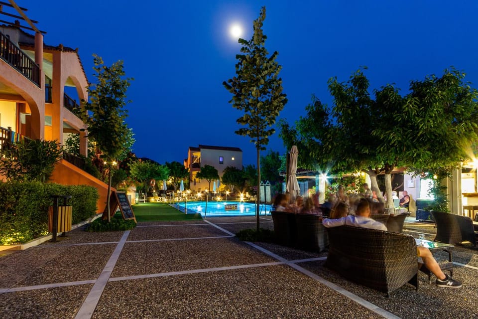 Patio, Night, People, Garden, Garden view, Pool view, Swimming pool, group of guests, sunbed