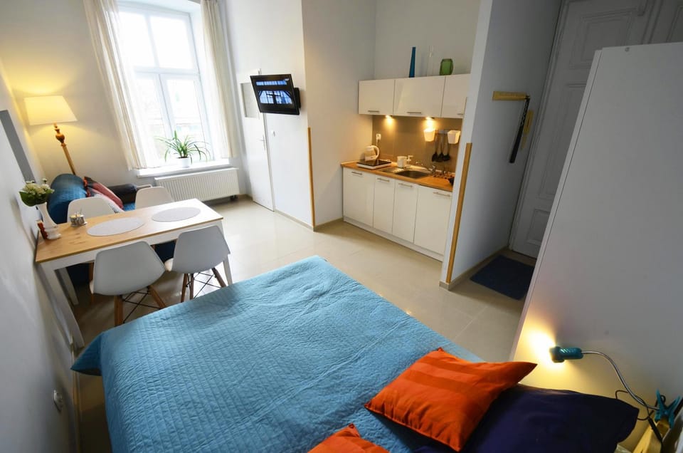 Shower, TV and multimedia, Kitchen or kitchenette, Photo of the whole room, Seating area, Dining area, Bedroom