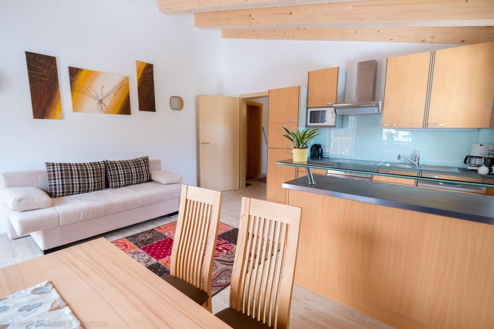 Kitchen or kitchenette, Living room, Seating area, Dining area