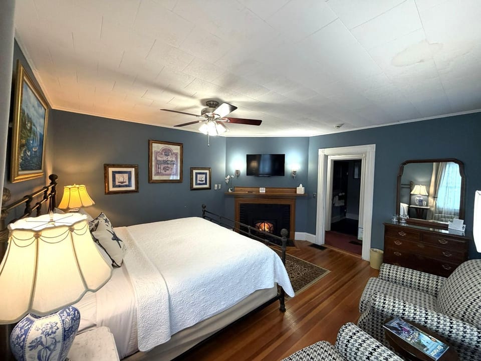 Bed, TV and multimedia, Photo of the whole room, fireplace