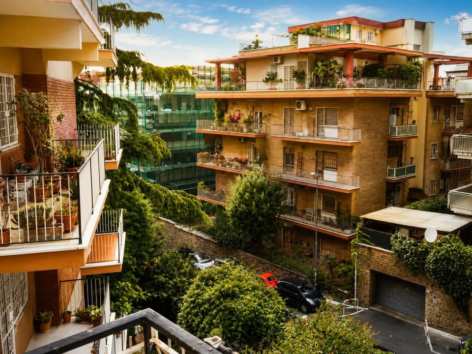 Property building, Spring, Day, Neighbourhood, View (from property/room), Balcony/Terrace, City view, Street view, Parking