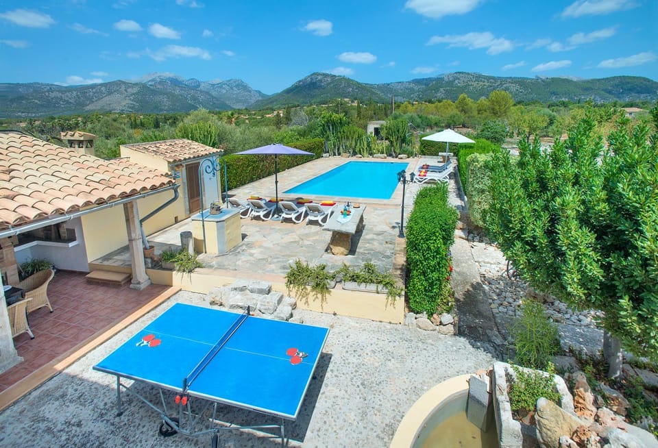 Patio, Facade/entrance, Spring, Day, Natural landscape, Summer, Solarium, Table tennis, Garden view, Mountain view, Pool view, Swimming pool, Inner courtyard view, sunbed