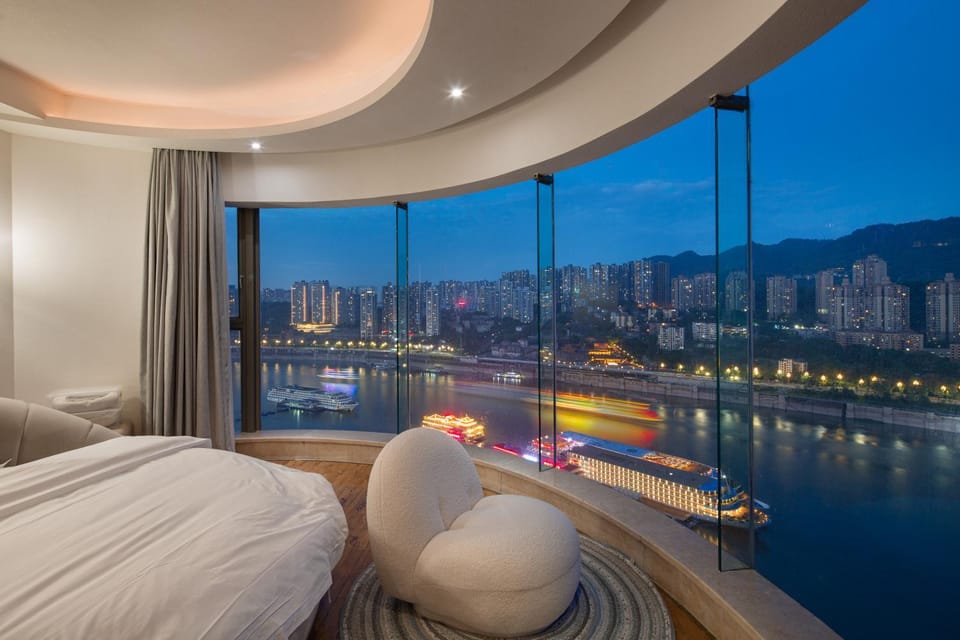Bed, Night, Bedroom, City view, Mountain view, River view