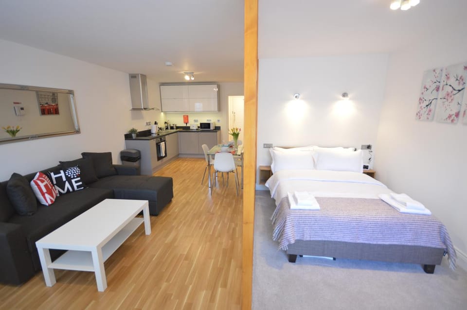 Bed, Kitchen or kitchenette, Seating area