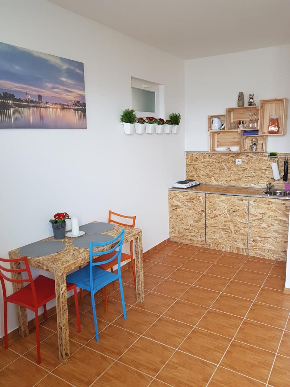 Kitchen or kitchenette, stove