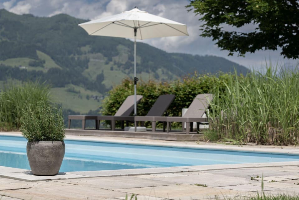 Natural landscape, Summer, View (from property/room), Mountain view, Pool view, Swimming pool, sunbed