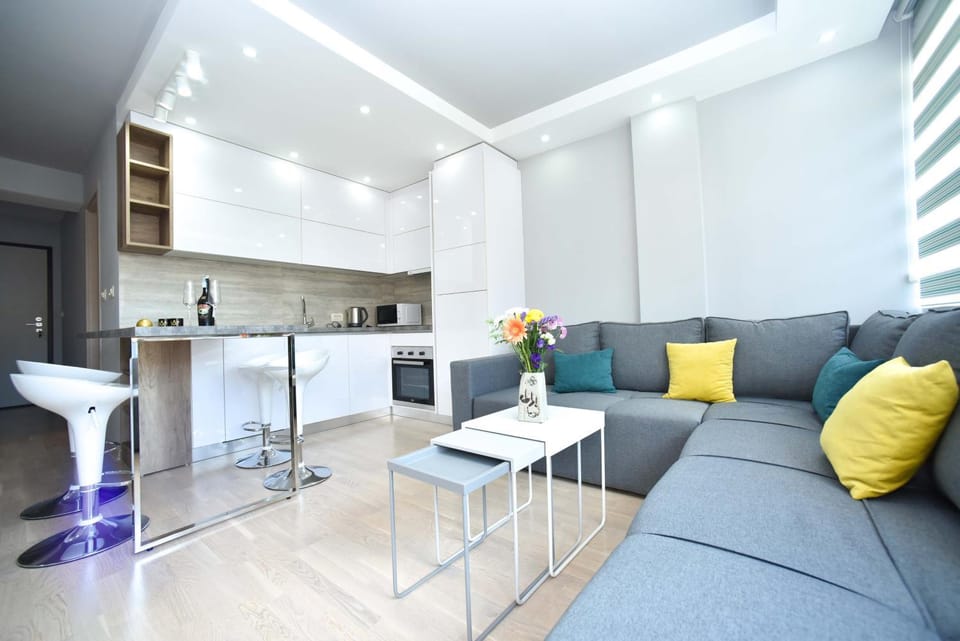 Kitchen or kitchenette, Living room, Seating area, Dining area