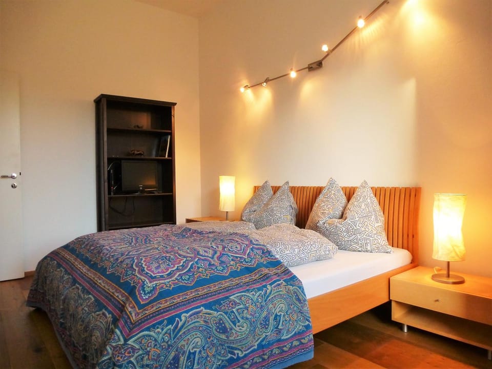 Bed, Library, TV and multimedia, Decorative detail, Bedroom