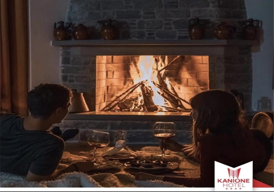 group of guests, fireplace