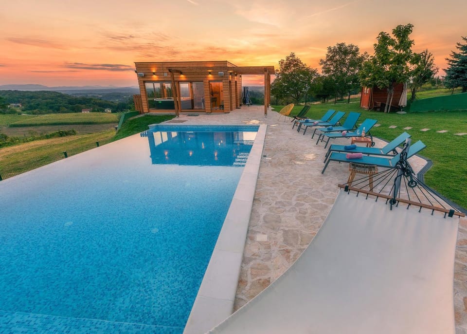 Natural landscape, Pool view, Swimming pool, Sunset, sunbed