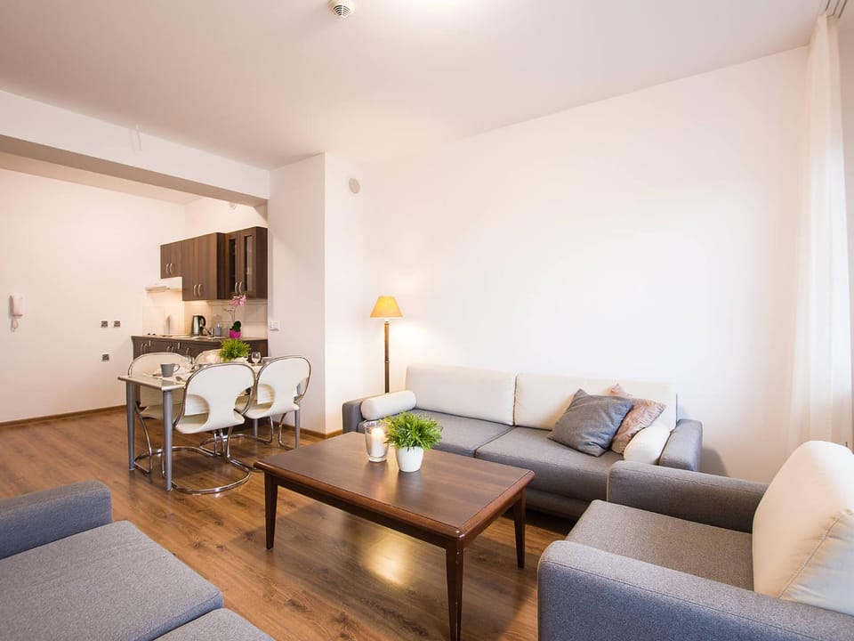 Kitchen or kitchenette, Living room, Seating area, Dining area