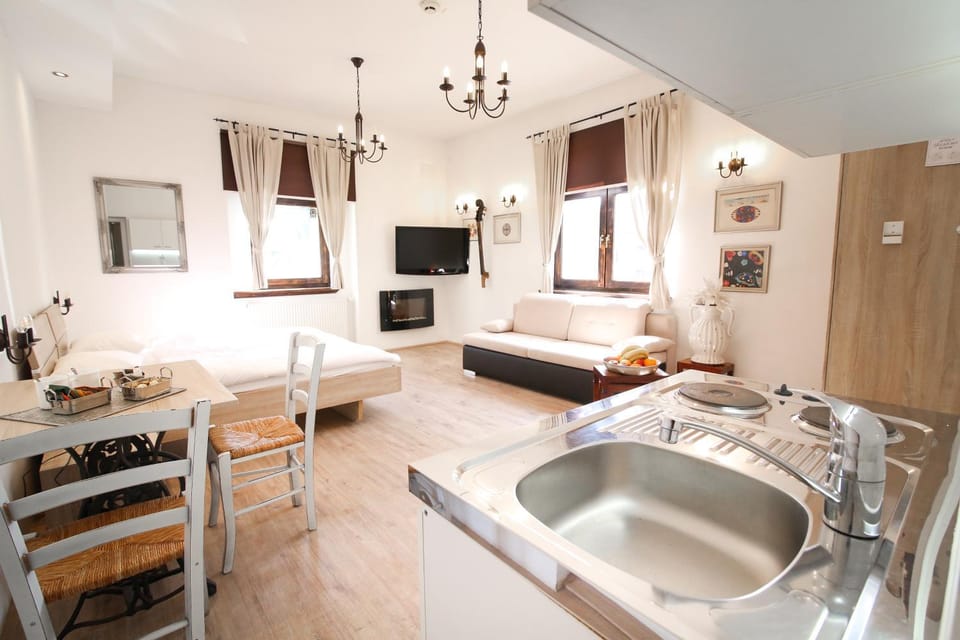 Bed, TV and multimedia, Kitchen or kitchenette, Living room, Photo of the whole room, Seating area, Dining area, Bedroom