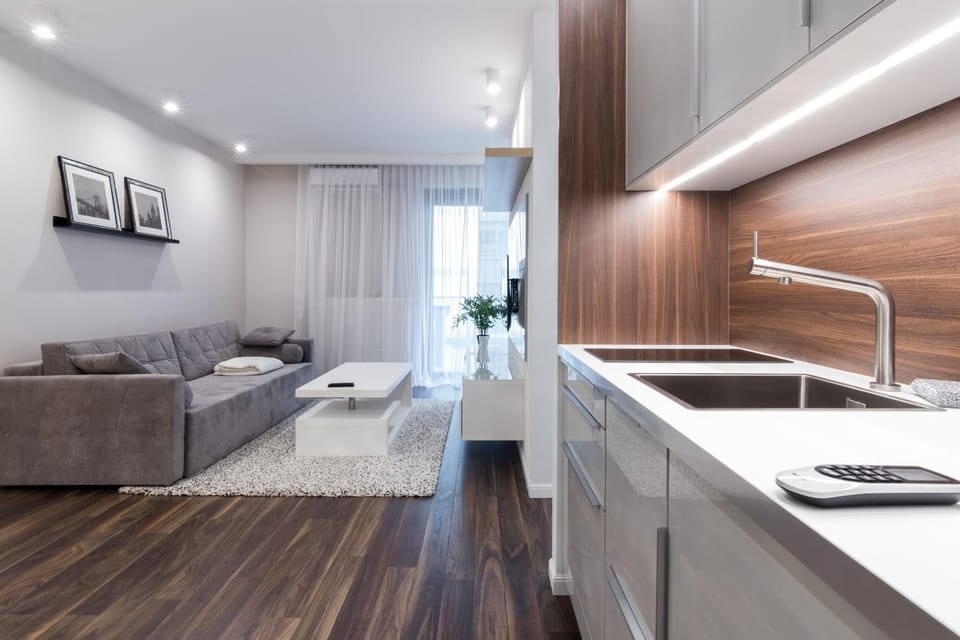 Kitchen or kitchenette, Living room, Seating area